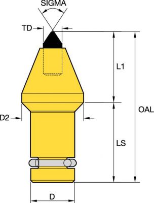 Rotating tungsten carbide pick • 16mm (0.62") Shank-Internal round lock ring • Plug Tip for hard cutting