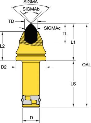 Rotating tungsten carbide pick • 30mm (1.18") Shank-Dimpled Short Retainer for grooved bore • Plug Tip for hard cutting